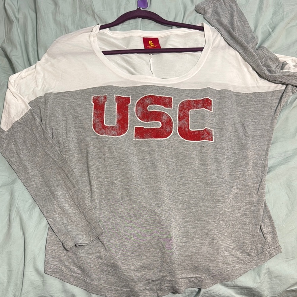 USC White and Gray Long Sleeve Graphic Tee